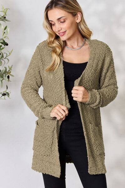 Zenana Falling For You Khaki Open Front Popcorn Cardigan