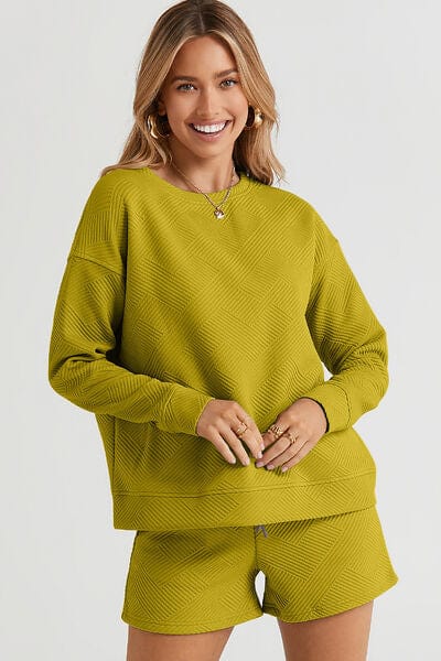 Double Take Full Size Texture Long Sleeve Top and Drawstring Shorts Set Chartreuse / S