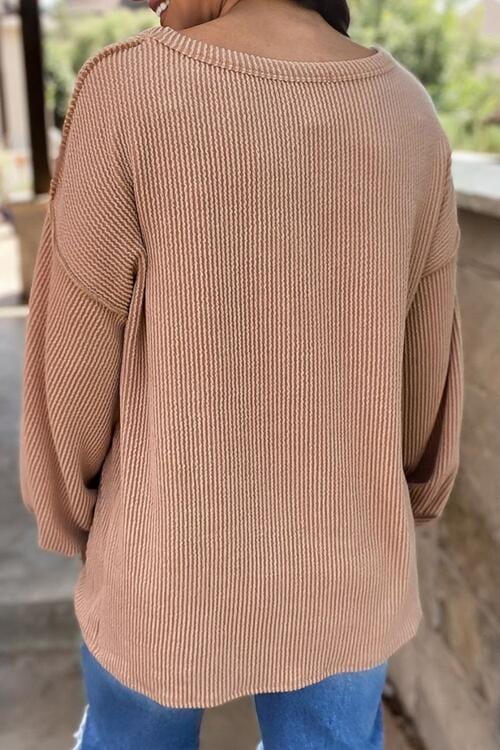 Ribbed Color Block Exposed Seam Round Neck Sweatshirt