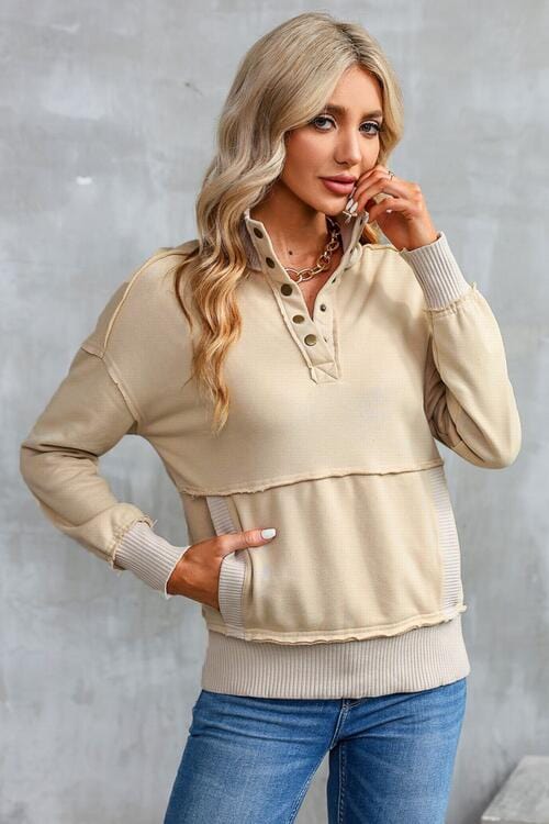 Half Snap Drop Shoulder Long Sleeve Sweatshirt