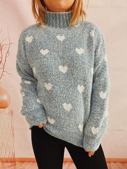 Heart Heathered Turtleneck Drop Shoulder Sweater Misty  Blue / One Size