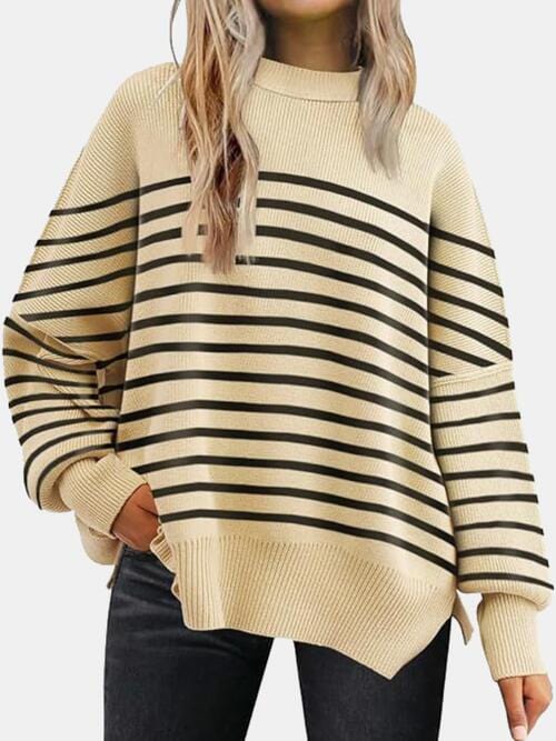 Round Neck Drop Shoulder Slit Sweater Apricot/Black / S