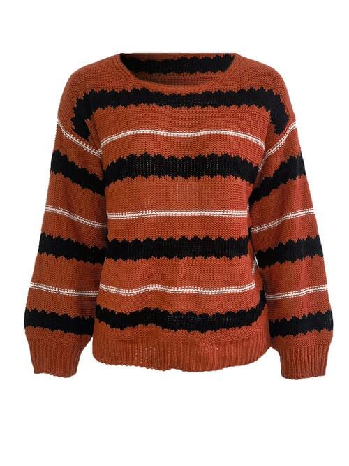Striped Round Neck Long Sleeve Sweater Brick Red / S