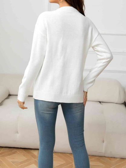 V-Neck Long Sleeve Buttoned Knit Cardigan with Pocket