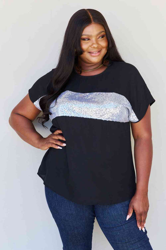 Sew In Love Shine Bright Full Size Center Mesh Sequin Top in Black/Silver Black/Silver / S