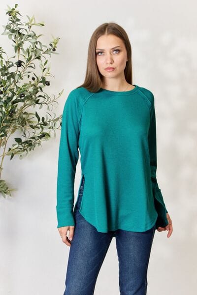 Zenana Round Neck Long Sleeve Slit Top Light Teal / S