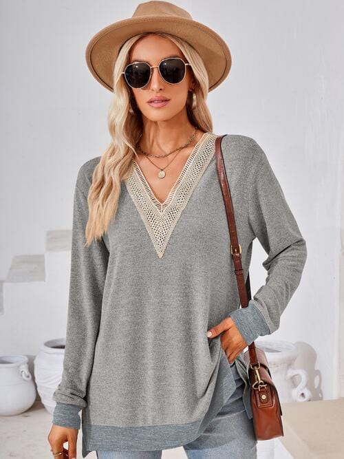 Crochet V-Neck Long Sleeve Slit Top