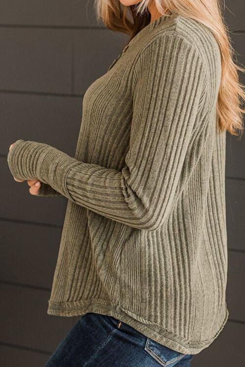 Ribbed Henley Long Sleeve Top