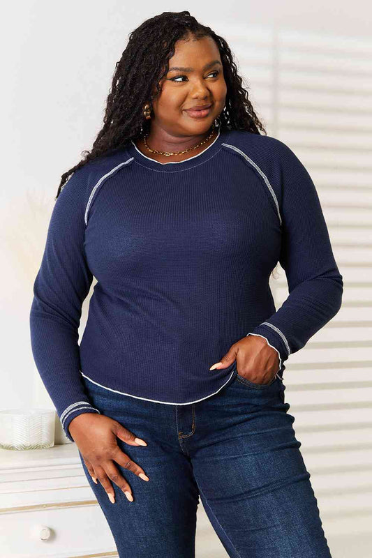 Basic Bae Long Raglan Sleeve Round Neck Top Navy / S