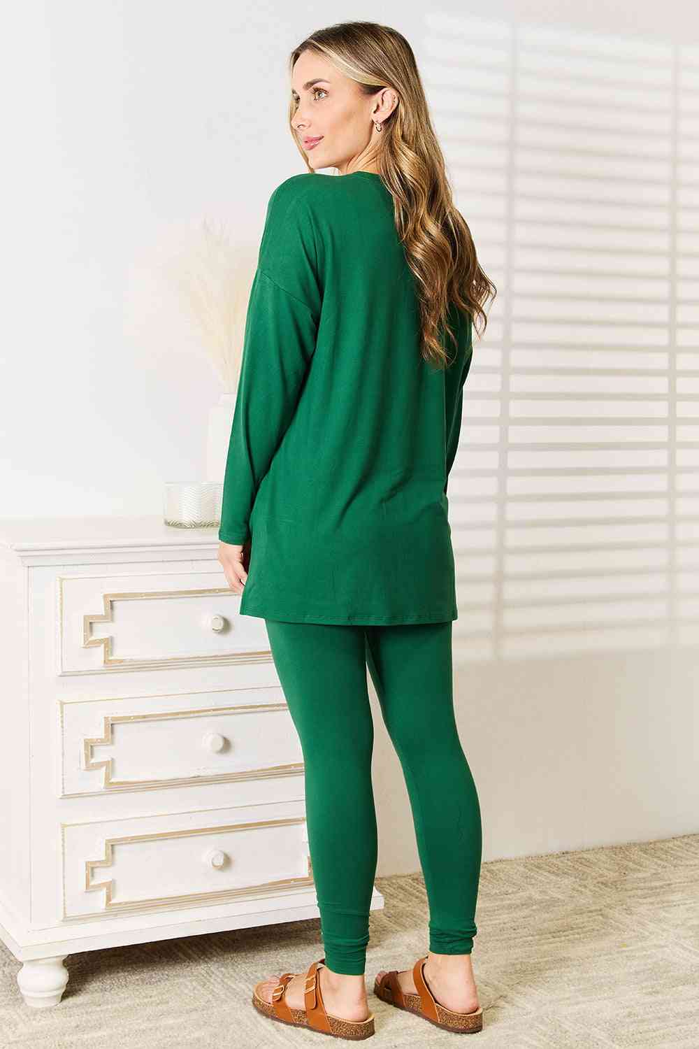 Zenana Lazy Days Green Long Sleeve Top and Leggings Set