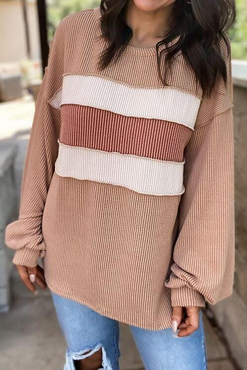 Ribbed Color Block Exposed Seam Round Neck Sweatshirt Khaki / S