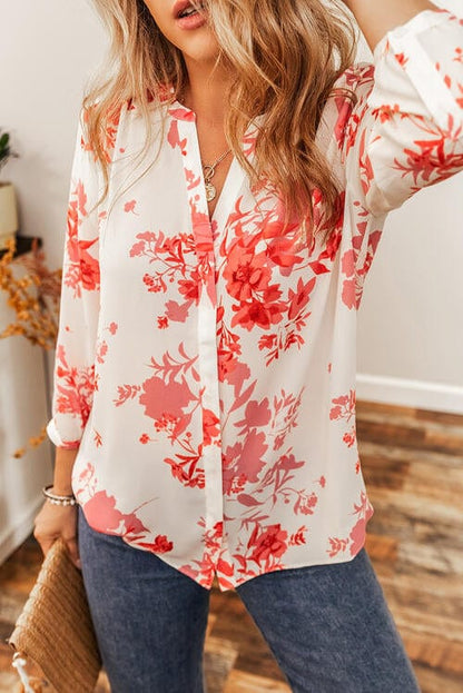 White Floral Notched Neck 3/4 Sleeve Blouse