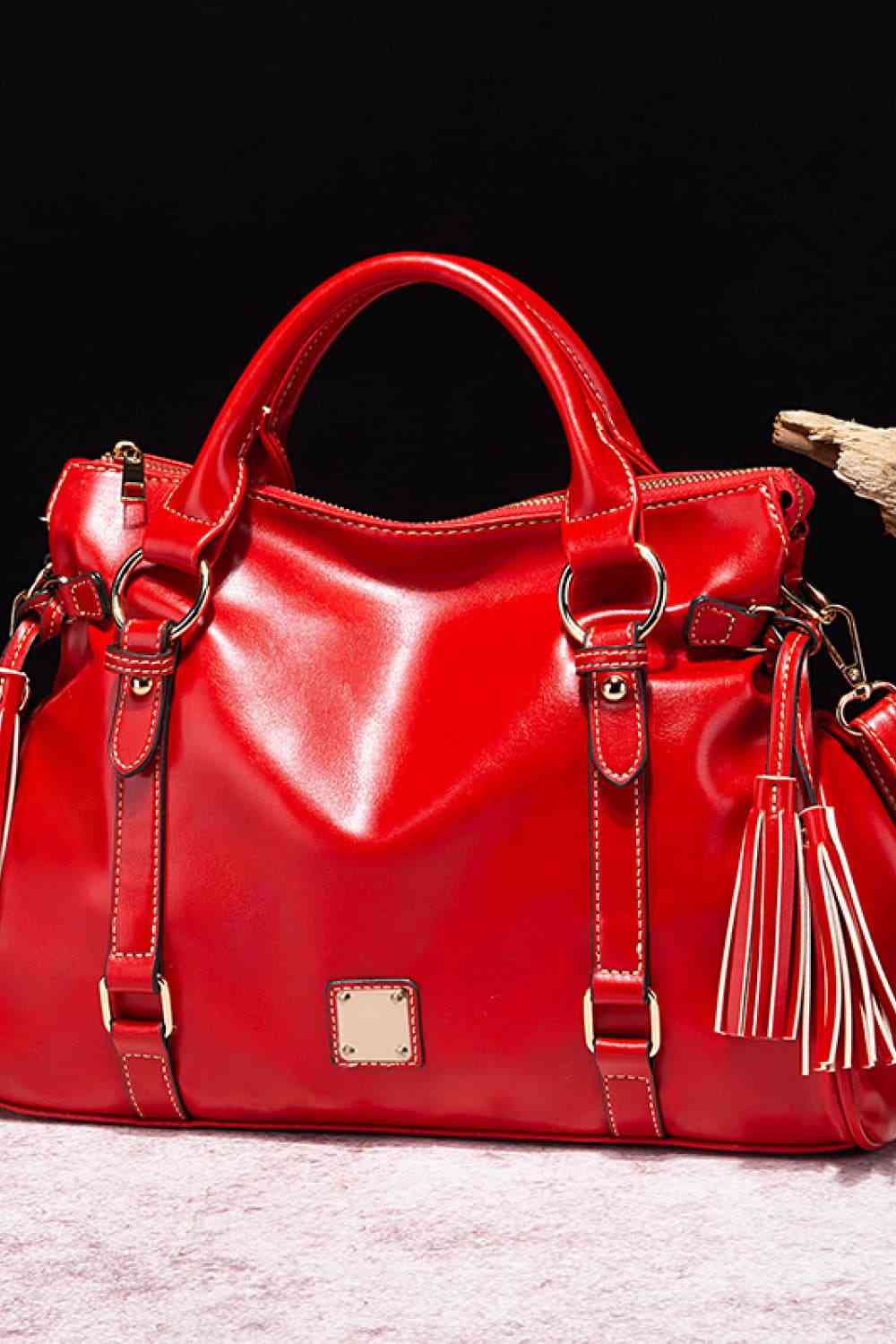 Vegan Leather Handbag with Tassels Red / One Size