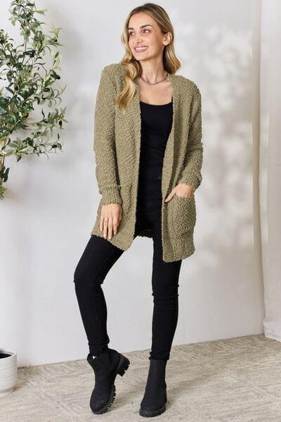 Zenana Falling For You Khaki Open Front Popcorn Cardigan