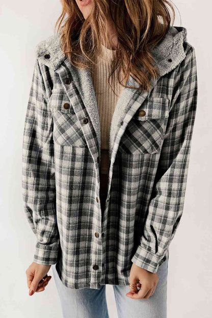 Plaid Snap Down Hooded Jacket Charcoal / S