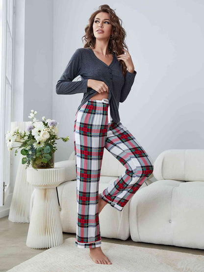 Henley Long Sleeve Top and Plaid Pants Lounge Set