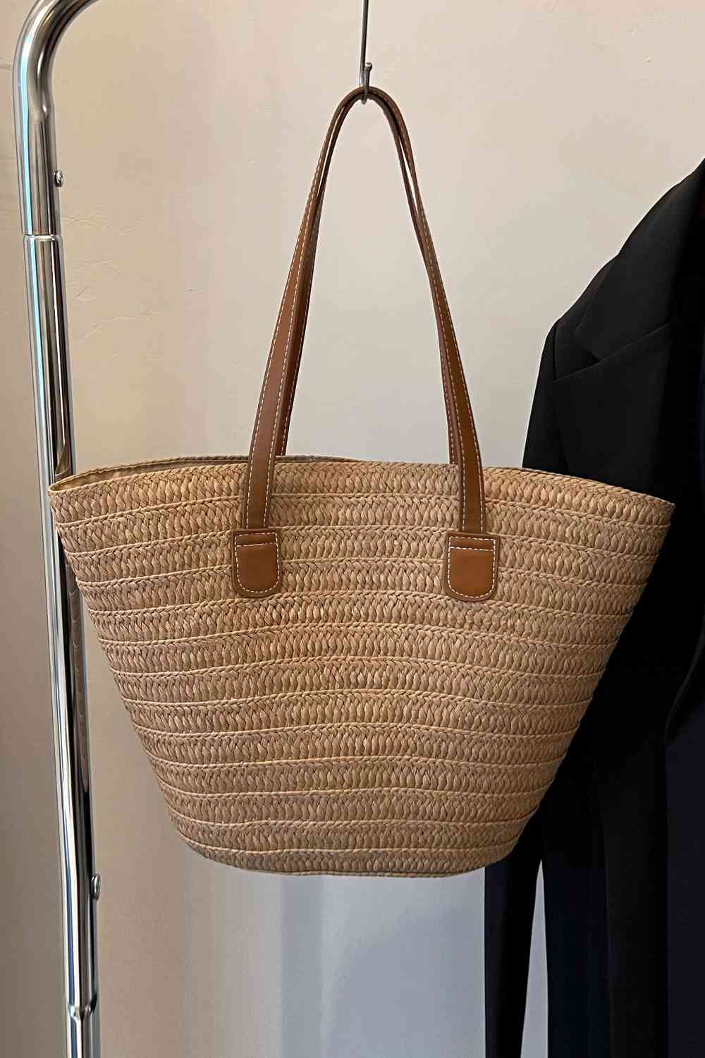 Vegan Leather Handle Straw Tote Bag Camel / One Size
