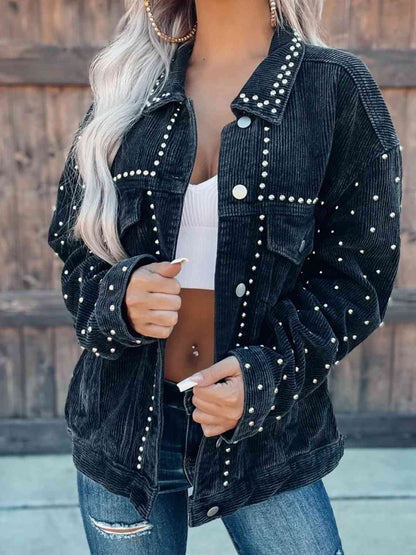 Studded Collared Neck Button Down Jacket Black / S