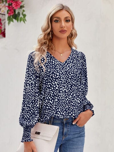 Printed V-Neck Lantern Sleeve Blouse Navy / S