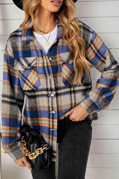 Plaid Pocketed Button Down Shacket Blue/Orange / S