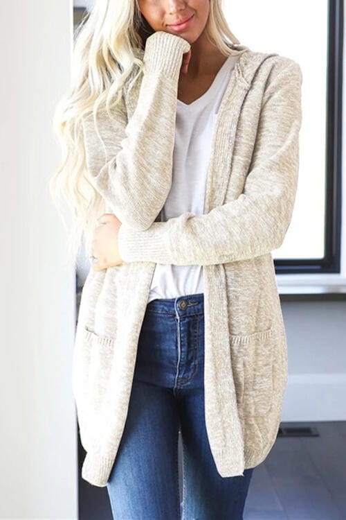 Heathered Open Front Cardigan with Pockets Beige / S