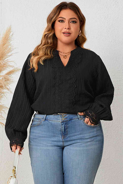 Plus Size Notched Neck Lace Detail Blouse Black / 1XL