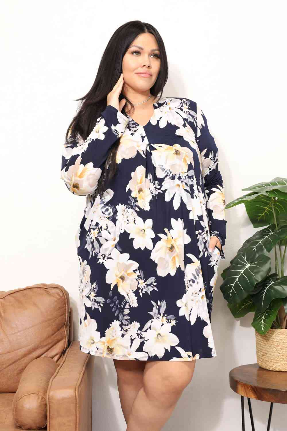 Sew In Love  Full Size Flower Print Shirt Dress Navy / S