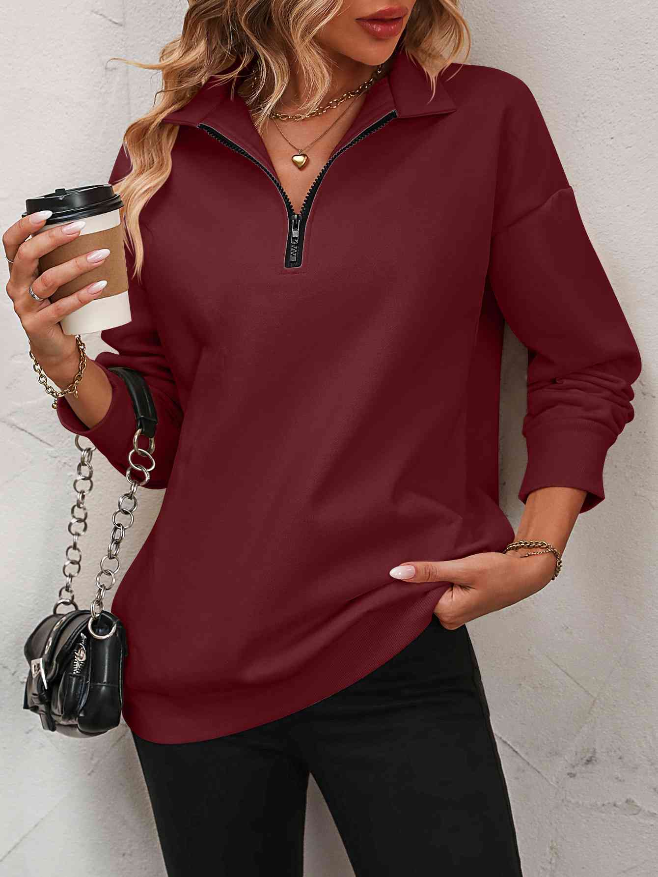 Quarter-Zip Dropped Shoulder Sweatshirt Wine / S