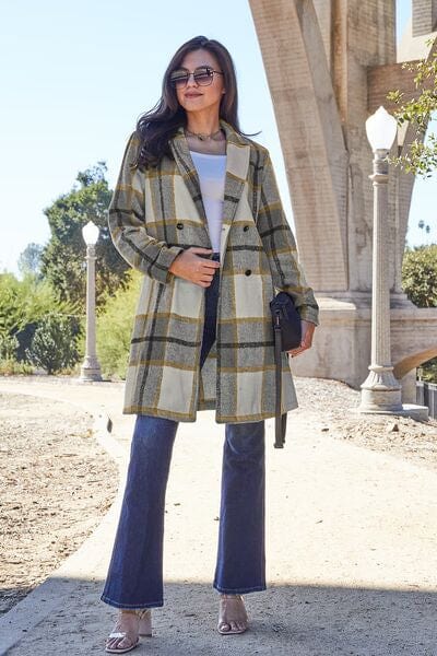 Double Take Full Size Plaid Button Up Lapel Collar Coat London Plaid / S