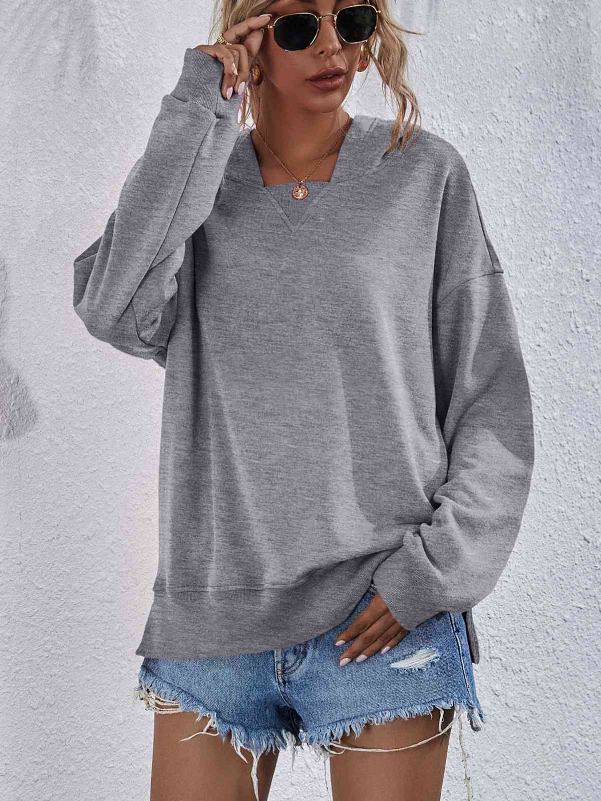 Dropped Shoulder Slit Hoodie Heather Gray / S