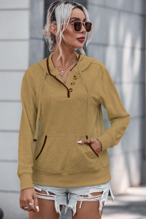 Half Button Drawstring Long Sleeve Hoodie Camel / S