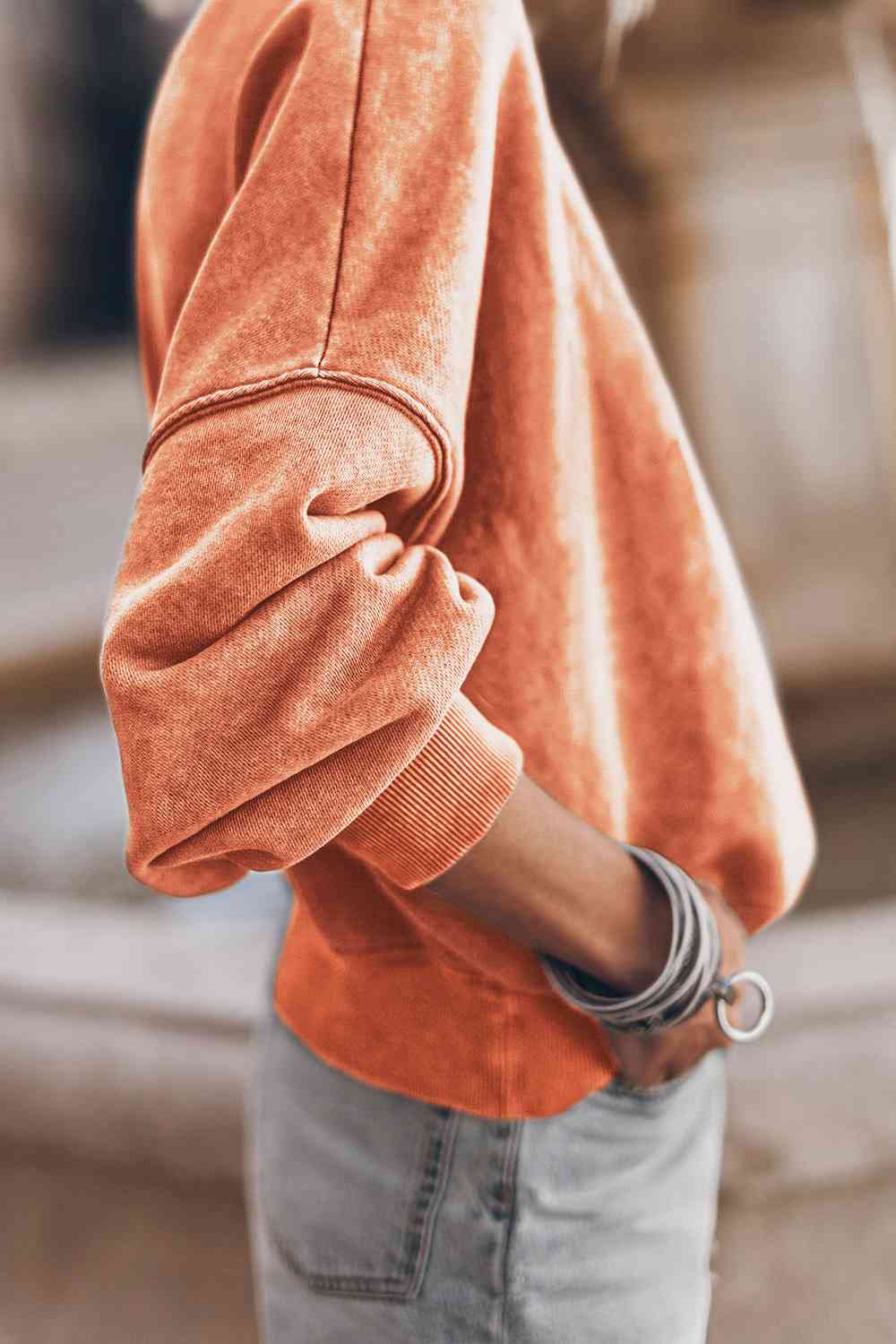 Ribbed Round Neck Dropped Shoulder Sweatshirt