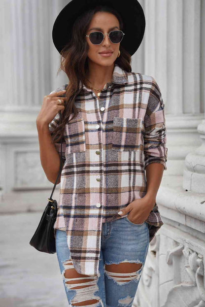 Plaid Curved Hem Dropped Shoulder Longline Shirt Jacket Moonlit Mauve / S