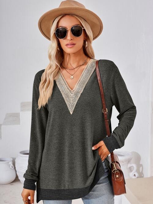 Crochet V-Neck Long Sleeve Slit Top