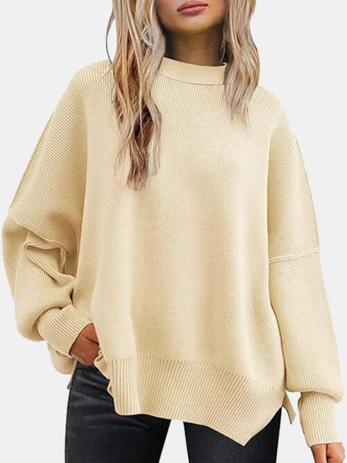 Round Neck Drop Shoulder Slit Sweater Ivory / S