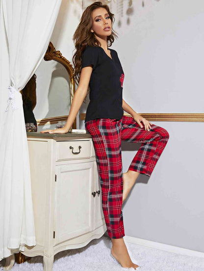 Heart Graphic V-Neck Top and Plaid Pants Lounge Set Black/Red / S