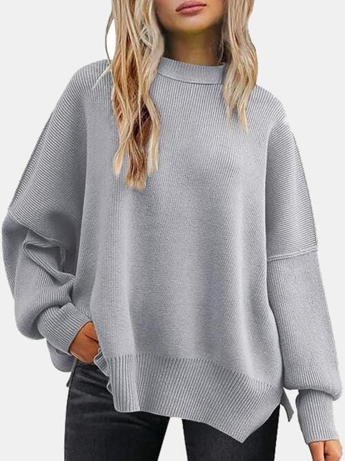Round Neck Drop Shoulder Slit Sweater Charcoal / S