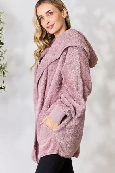 H&T Faux Fur Open Front Hooded Jacket DUSTY LILAC / One Size