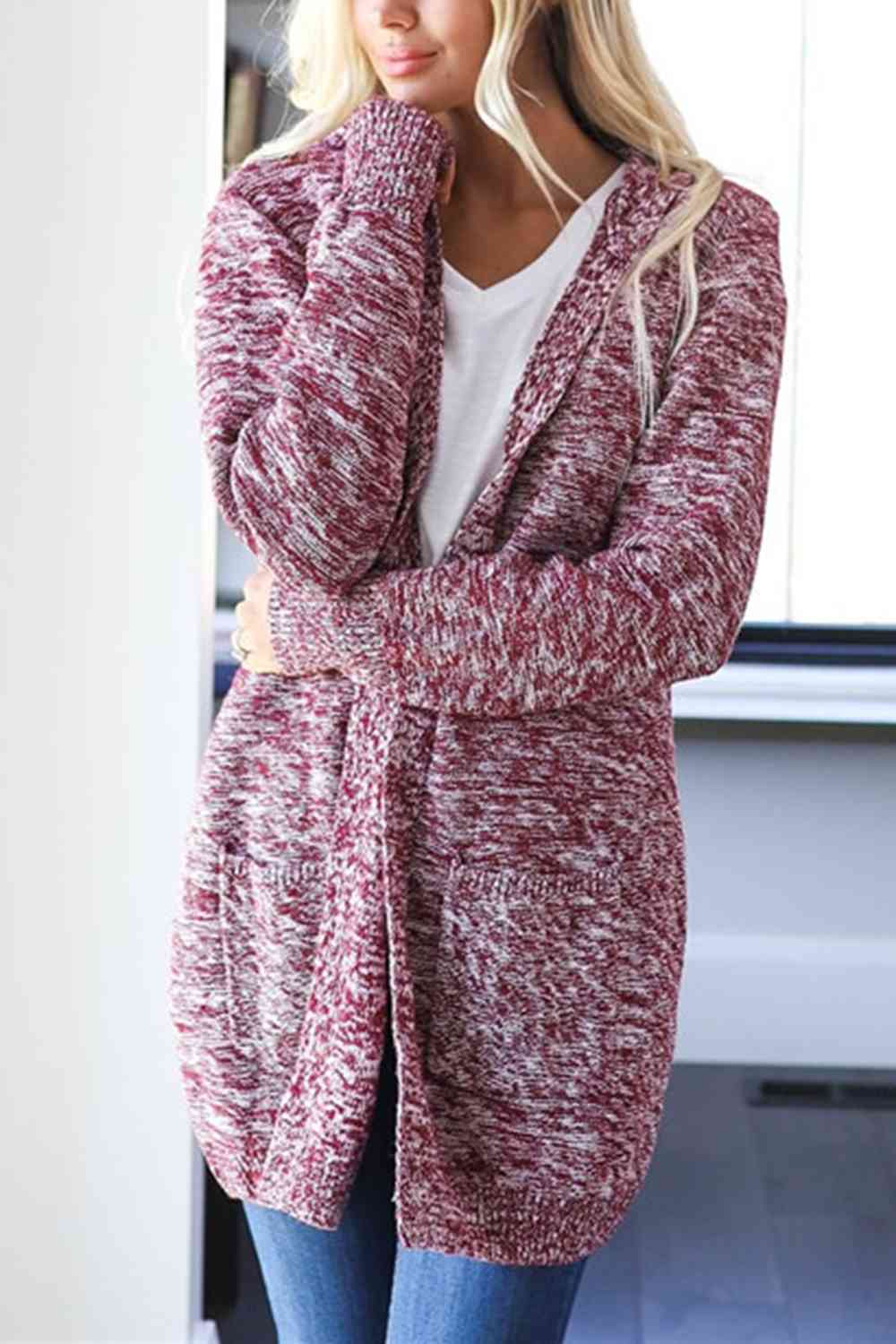 Heathered Open Front Cardigan with Pockets Magenta / S