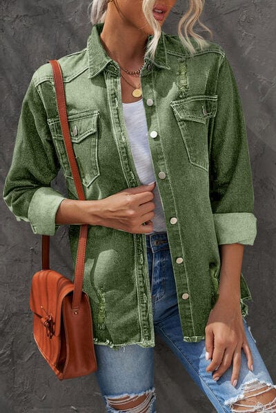 Distressed Button Up Raw Hem Denim Jacket Moss / S