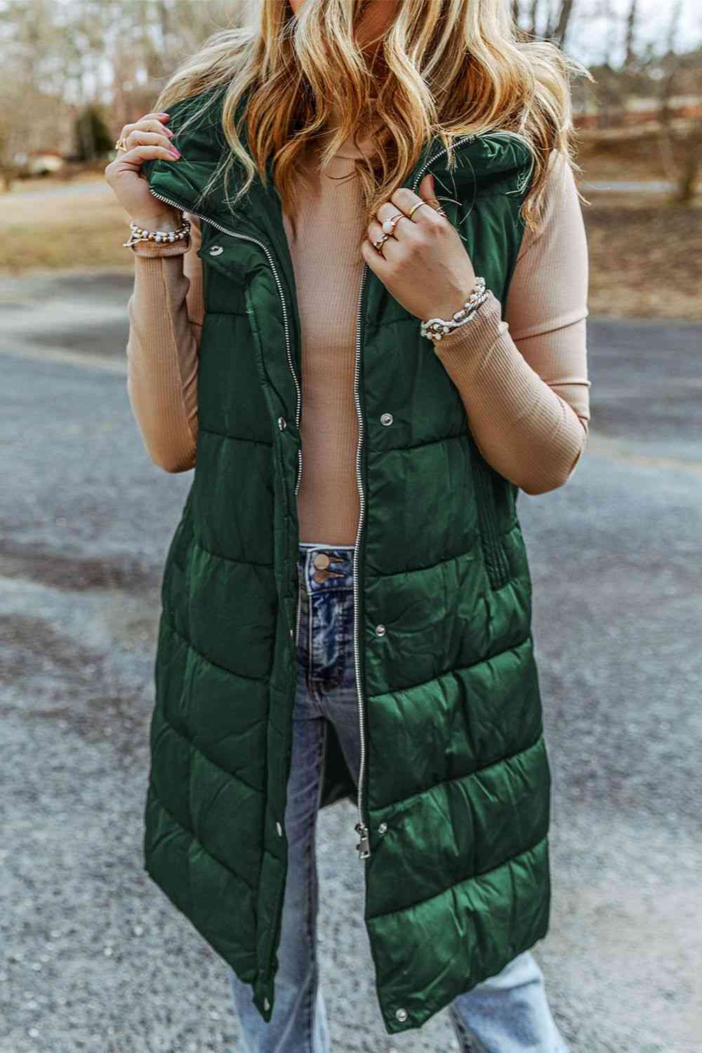 Longline Hooded Sleeveless Puffer Vest Green / S