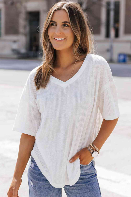 Waffle-Knit V-Neck Dropped Shoulder Top White / S