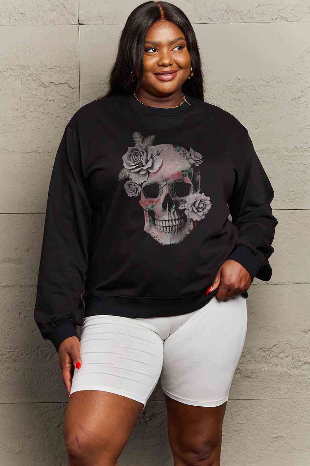 Simply Love Full Size Dropped Shoulder SKULL Graphic Sweatshirt