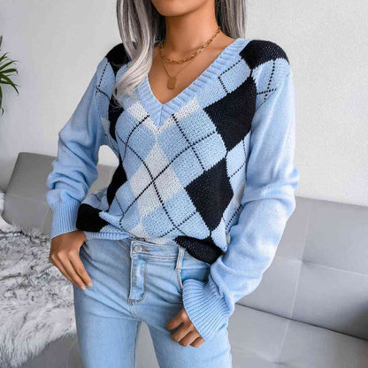 Argyle V-Neck Sweater Pastel  Blue / S