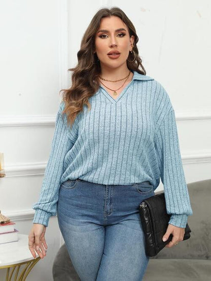 Plus Size Ribbed Collared Neck Long Sleeve Blouse Pastel  Blue / L