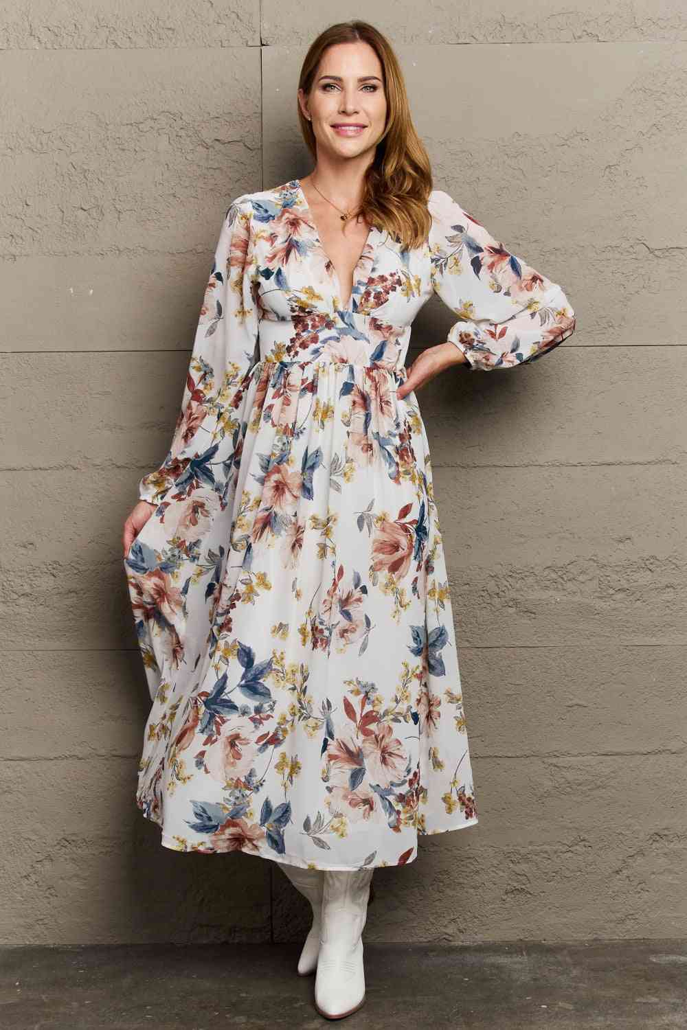 OneTheLand Good Day Chiffon Floral Midi Dress