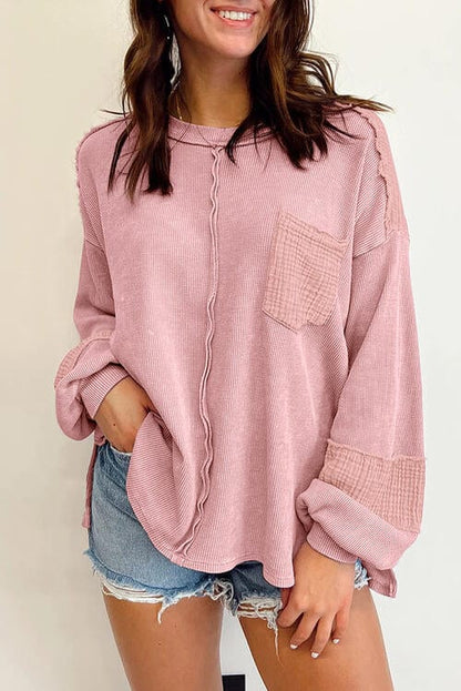 Waffle-Knit Exposed Seam Lantern Sleeve Top Blush Pink / S