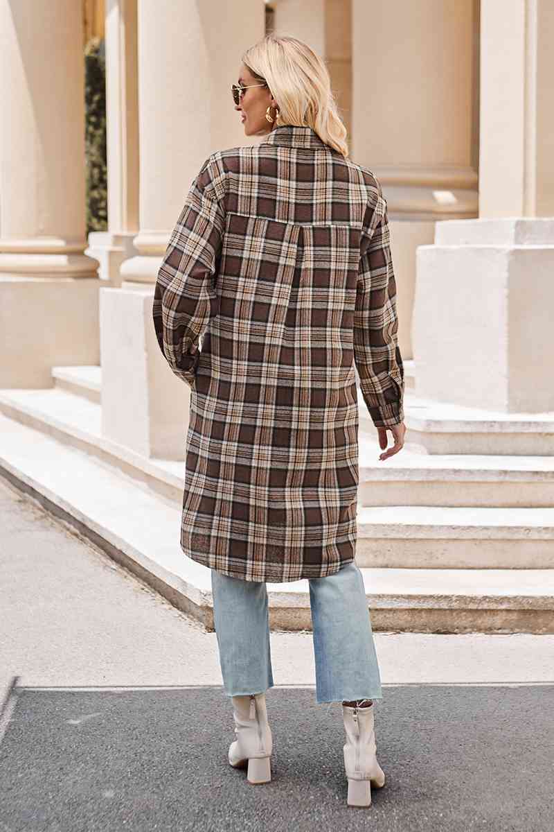 Plaid Collared Neck Long Sleeve Coat