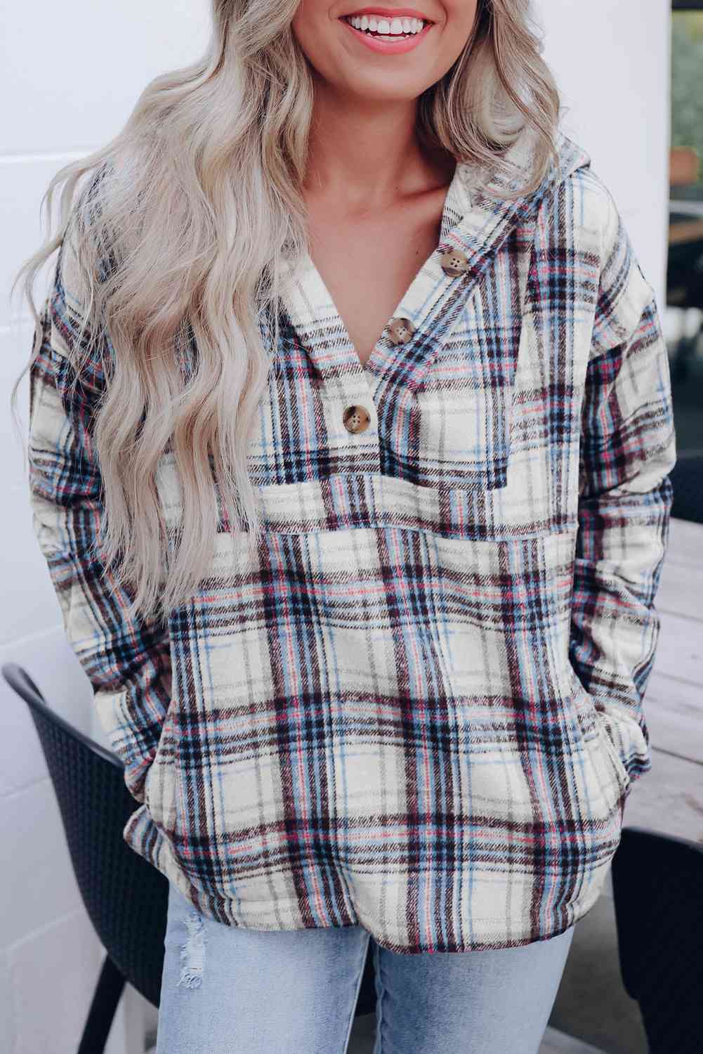 Plaid Long Sleeve Buttoned Hoodie Light Gray / S