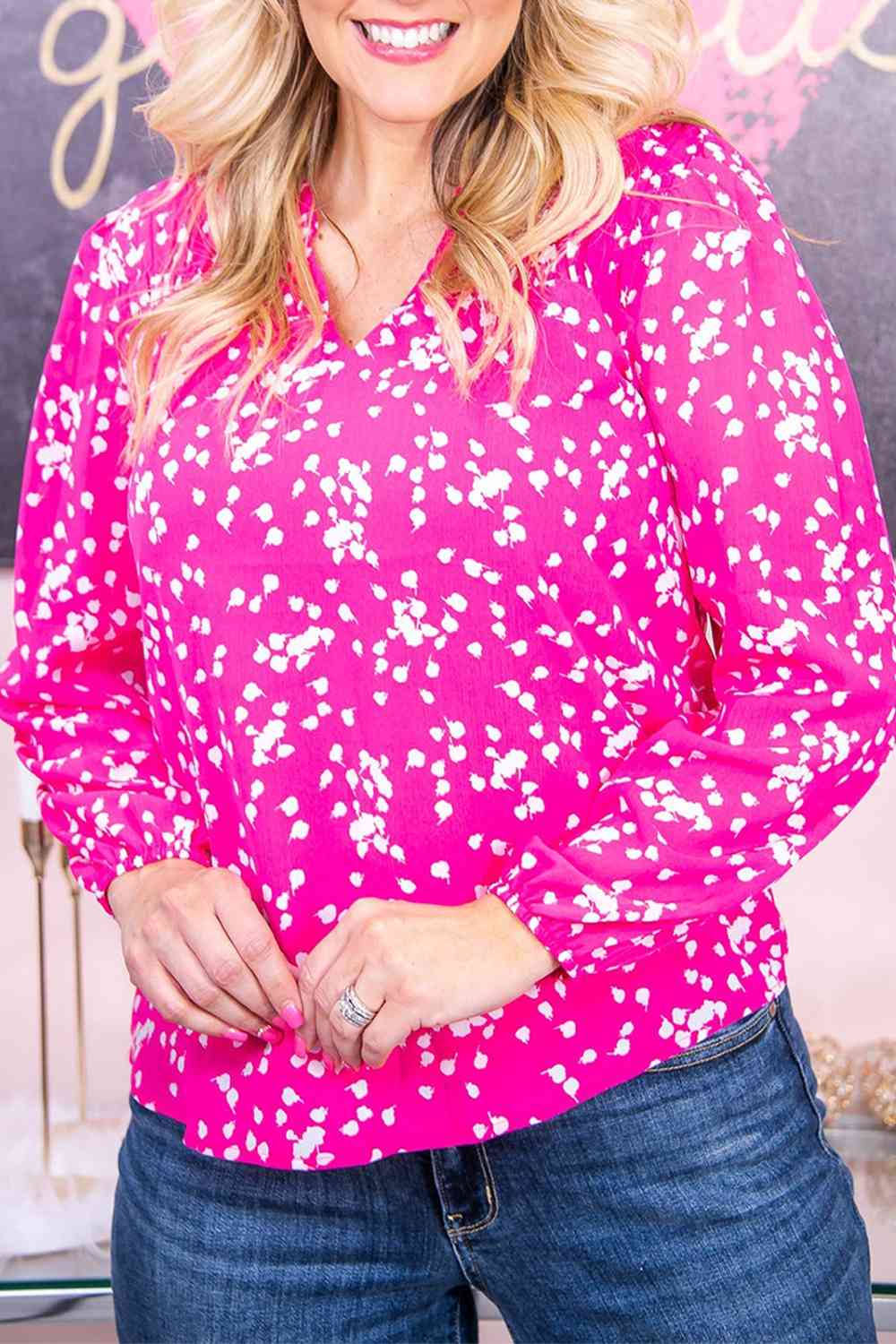 Plus Size Notched Neck Smocked Blouse Hot Pink / 1XL